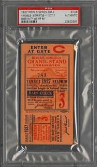 1927 World Series Game 3 Yankees vs Pirates Ticket Stub - "Babe Ruth WS HR #9" - PSA Authentic (Babe Ruth W.S. Number 8 of 10)